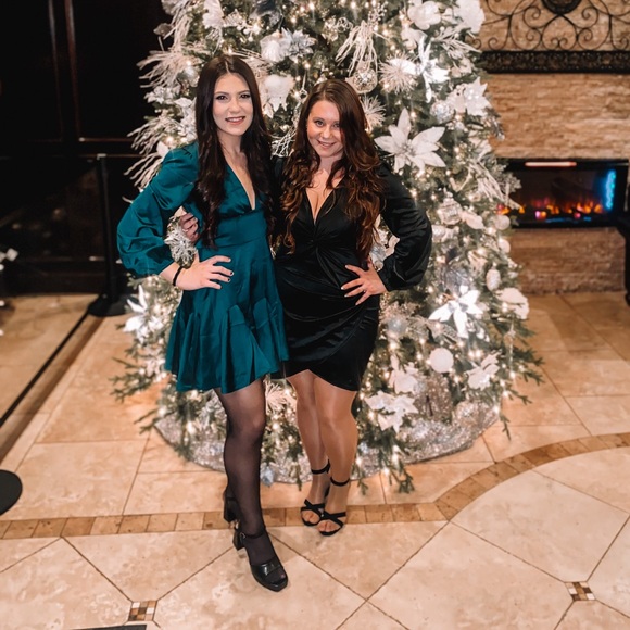 Long Sleeve Plunge Satin Mini Dress - Picture 3 of 4